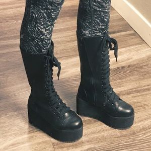 Mid-calf black lace-up platform boots